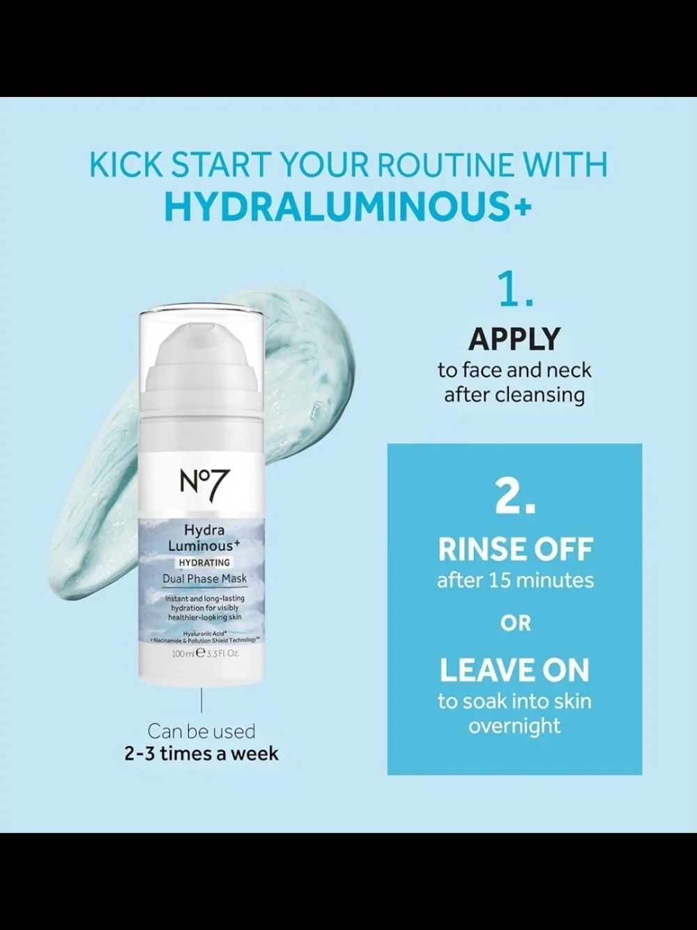No7 HydraLuminous+ Dual Phase Hydrating Face Mask, 3.5 Fl Oz BNIB